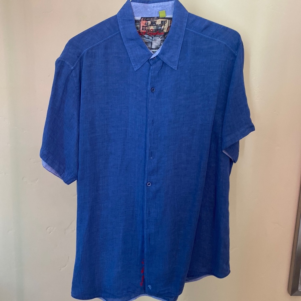 Robert Graham indigo blue linen button down shirt sleeve shirt, classic fit, XL